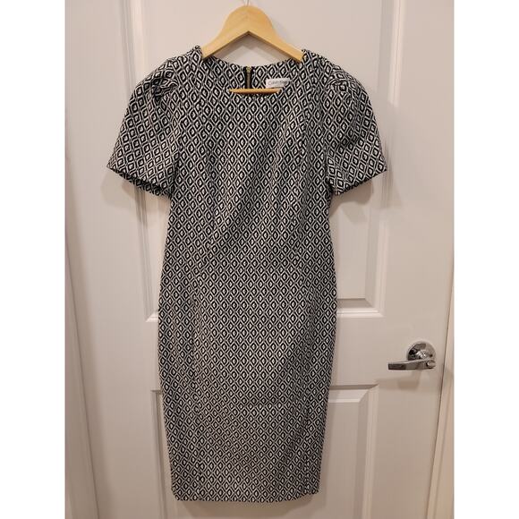 Calvin Klein Geometric Black and White Sheath Dress with Puff Shoulders - Picture 1 of 8